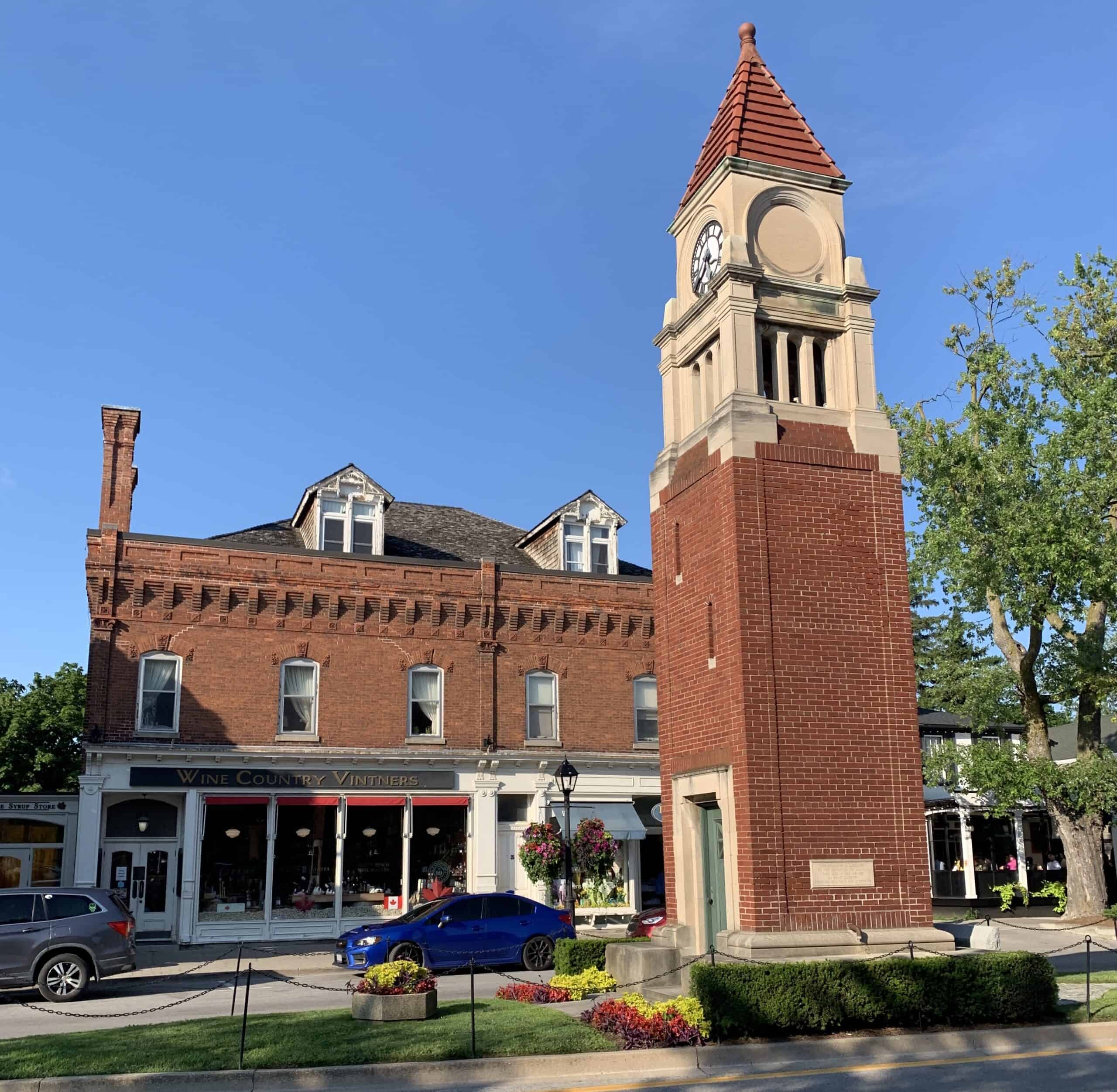 The clock tower in the middle of Queen Street in Niagara-on-the-Lake