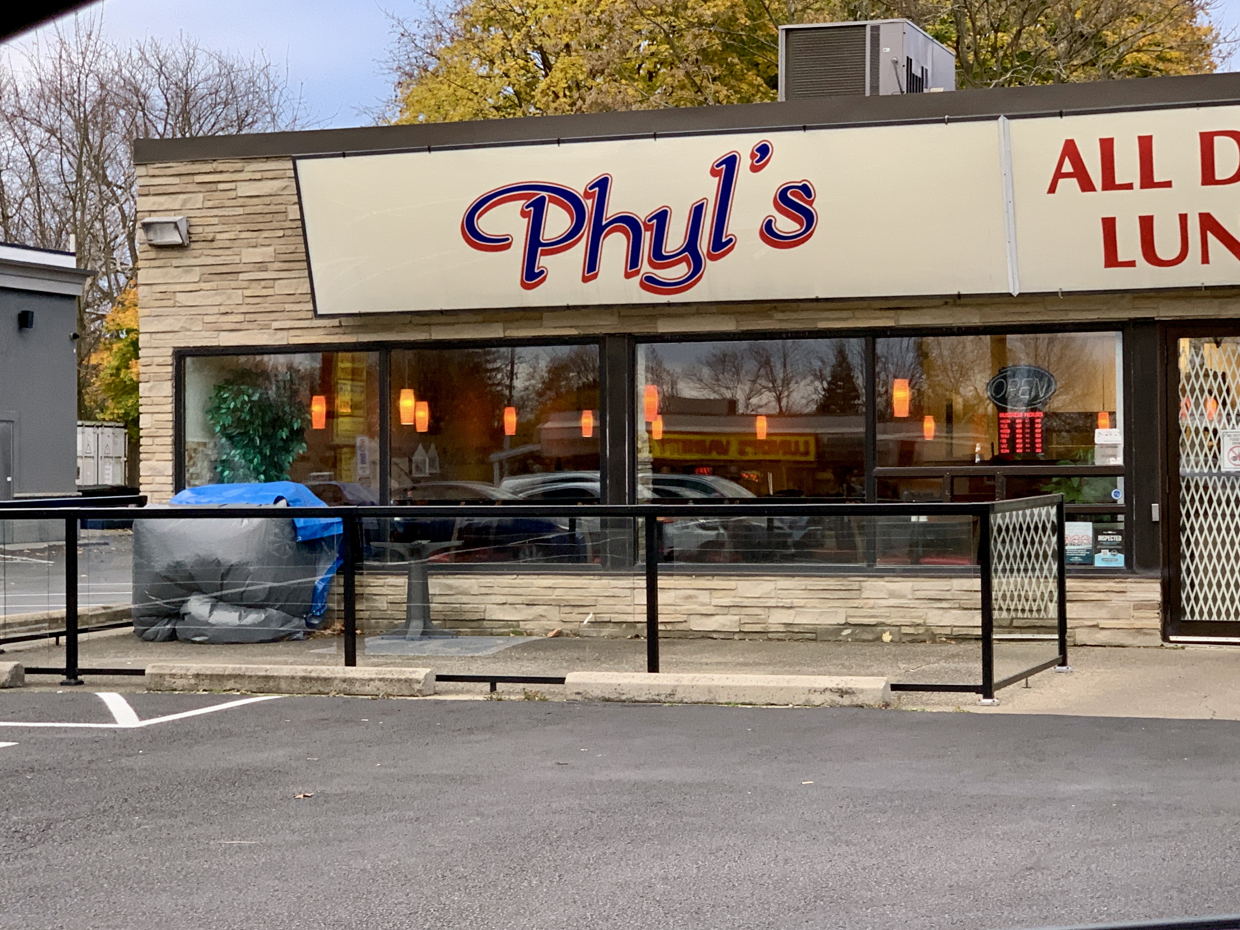 Phyl's all day breakfast and lunch is an older, low building on Lundy's Lane.