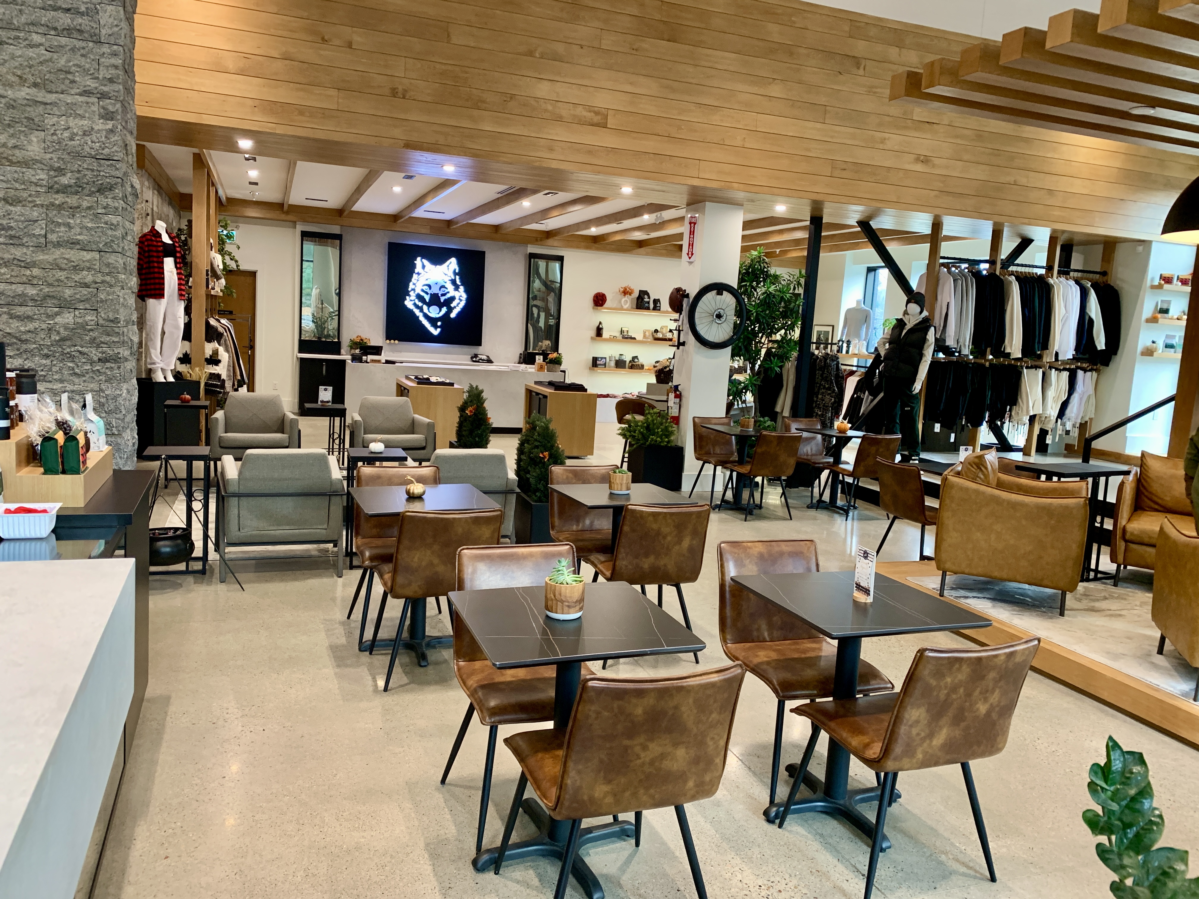 Inside Threshold café it merges with the clothing retail space to create a modern, chic space with leather and wood accents.