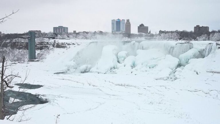 Niagara Falls in winter with its base covered in thick layers of ice, creating a frozen wonderland. The skyline of nearby buildings is visible in the background under an overcast sky, showcasing the stunning winter scenery. A perfect example of winter activities and sightseeing opportunities in Niagara Falls.