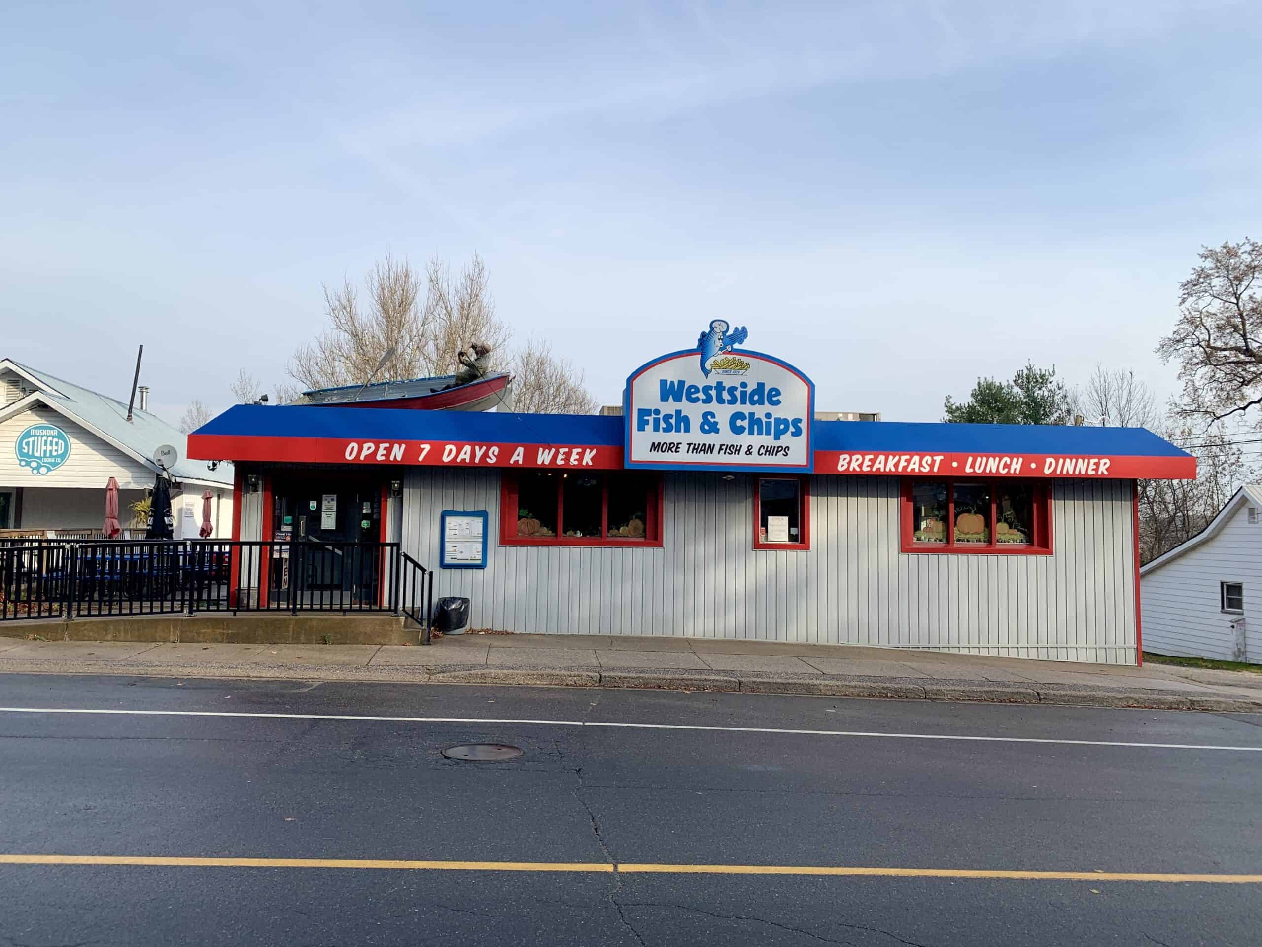 The street view of Westside Fish & Chips, one of my favourite spots for breakfast in Huntsville.