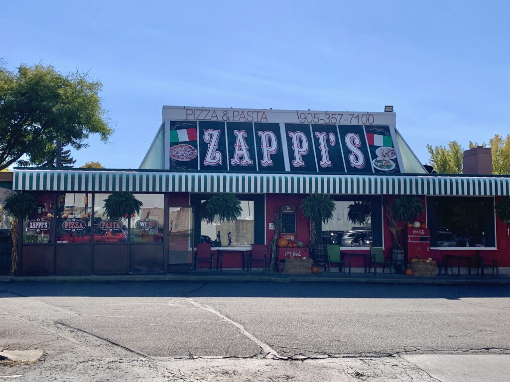 Zappi's exterior has its name in large letters on the roof.