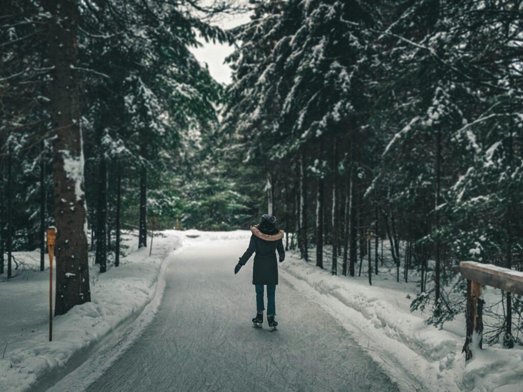 Ice skating on an ice trail in the forest