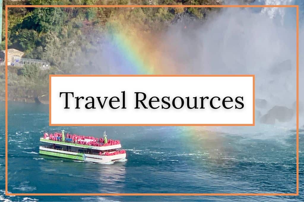 A picture of Niagara Falls with a rainbow with the text "Travel Resources" on top.