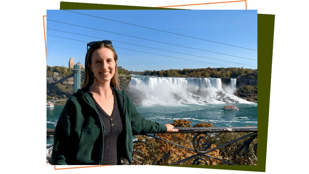 Pamela, you Guide To Ontario, standing in front of Niagara Falls