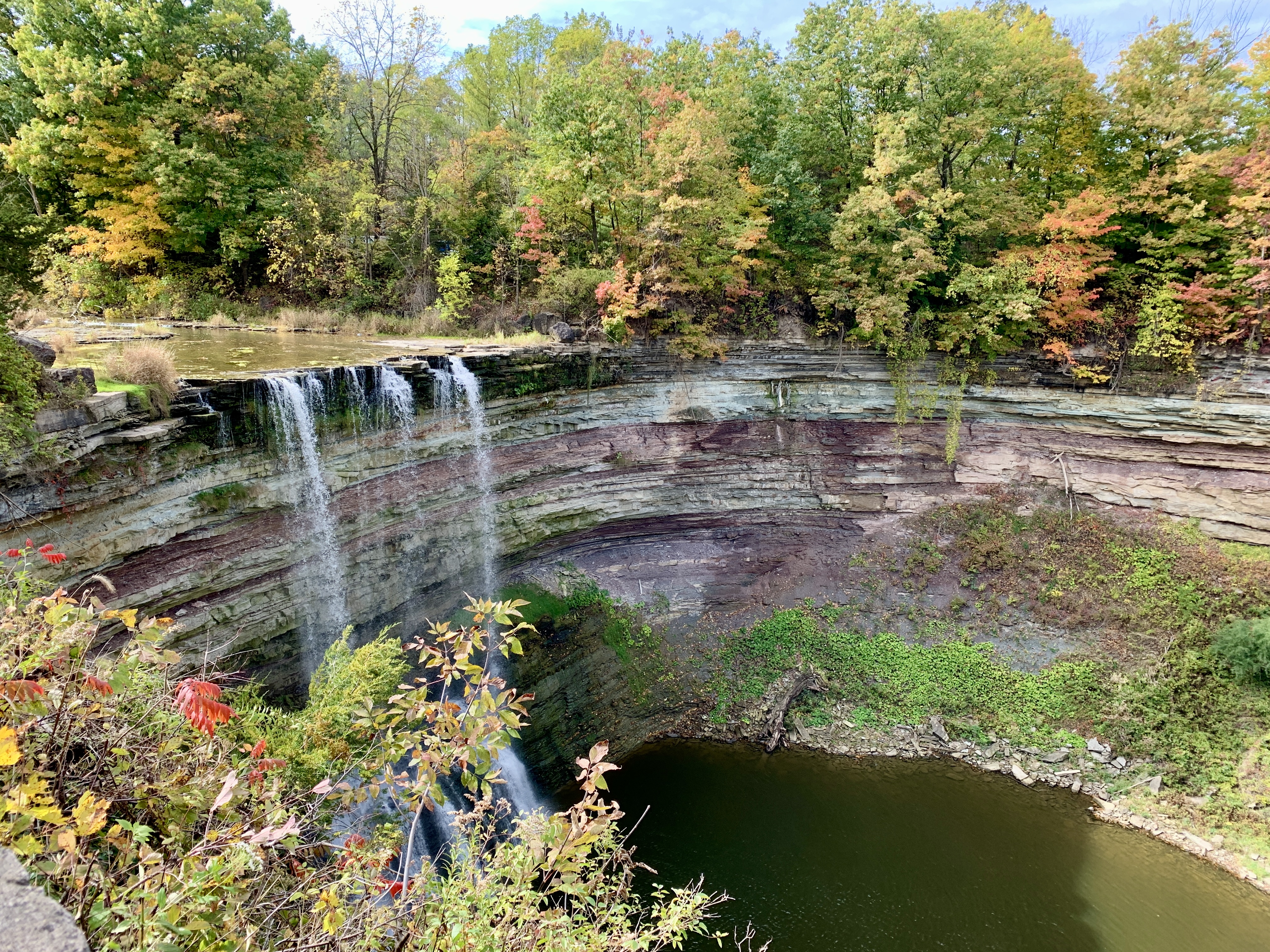 A scenic view of Ball's Falls, showcasing cascading waterfalls flowing over layered rock formations surrounded by vibrant autumn foliage. The tranquil pool below is framed by lush greenery and red leaves in the foreground.